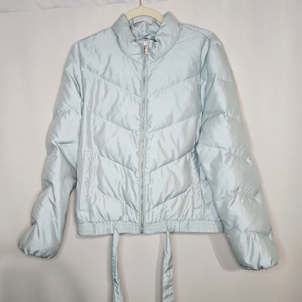 BCBGeneration Puffer Jacket Quilted Bomber Coat Tie Waist Light Blue Large